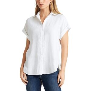 Casa Cabana Women M White Pleated Back Button Up‎ Cuff Short Sleeve Top Preppy